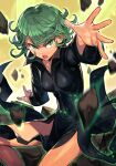  1girl bangs black_dress breasts collared_dress curly_hair dress floating_rock green_eyes green_hair hungry_clicker long_sleeves looking_at_viewer one-punch_man open_mouth short_hair side_slit small_breasts solo tatsumaki telekinesis thighs 
