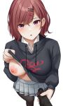  1boy 1girl bangs blush breasts brown_hair bulge clothes_lift erection erection_under_clothes from_above hair_ornament hairclip hairpin handjob highres higuchi_madoka idolmaster idolmaster_shiny_colors long_sleeves looking_at_viewer mizushina_minato mole mole_under_eye nipples no_bra one_breast_out open_mouth pantyhose penis plaid plaid_skirt pleated_skirt pov purple_eyes shirt_lift short_hair skirt solo_focus sweater swept_bangs 