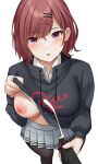  1boy 1girl bangs blush breasts brown_hair bulge clothes_lift cum ejaculation erection erection_under_clothes from_above hair_ornament hairclip hairpin handjob highres higuchi_madoka idolmaster idolmaster_shiny_colors long_sleeves looking_at_viewer mizushina_minato mole mole_under_eye nipples no_bra one_breast_out open_mouth pantyhose penis plaid plaid_skirt pleated_skirt pov purple_eyes shirt_lift short_hair skirt solo_focus sweater swept_bangs 