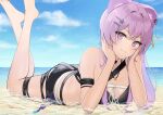  1girl absurdres animal_ears arknights bare_legs barefoot bikini black_bikini blue_sky cloud codename696 commentary_request day hands_up highres lin_(arknights) long_hair looking_at_viewer lying mouse_ears ocean official_alternate_costume on_stomach partial_commentary purple_eyes purple_hair sky smile solo swimsuit water 