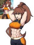  1girl abs absurdres armpits arms_behind_head breasts brown_eyes brown_hair dnf_duel dungeon_and_fighter fighter_(dungeon_and_fighter) high_ponytail highres kermittend large_breasts long_hair muscular muscular_female reference_inset solo striker_(dungeon_and_fighter) very_long_hair 
