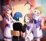  4girls absurdres ahoge animal_ears aoyama_yoshino bangs blonde_hair blue_eyes blue_hair blunt_bangs blurry blurry_background bocchi_the_rock! bow bowtie brown_hair chair classroom collarbone commentary_request cosplay ear_ornament ear_piercing fake_animal_ears fake_tail glowing gotou_hitori hair_between_eyes hair_net hair_ornament hairband hairclip hasegawa_ikumi head_tilt highres hiroto_xiangshaozhu horse_ears horse_tail huge_ahoge ijichi_nijika indoors kita_ikuyo looking_down makeup makeup_brush mascara mascara_wand mihono_bourbon_(umamusume) mihono_bourbon_(umamusume)_(cosplay) multicolored_hair multiple_girls open_mouth own_hands_together piercing pleated_skirt puffy_short_sleeves puffy_sleeves purple_bow purple_bowtie purple_shirt red_eyes sailor_collar sailor_shirt school_uniform shirt short_sleeves sitting skirt sparkle streaked_hair summer_uniform tail thighhighs tracen_school_uniform tsurumaru_tsuyoshi_(umamusume) tsurumaru_tsuyoshi_(umamusume)_(cosplay) twitter_username two-tone_hair umamusume voice_actor_connection wavy_mouth white_hair white_sailor_collar white_skirt white_thighhighs yamada_ryou yellow_eyes 