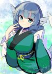  1girl blue_eyes blue_hair blush closed_mouth drill_hair frilled_sleeves frills green_kimono harakune_(mugennero) head_fins japanese_clothes kimono long_sleeves looking_at_viewer mermaid monster_girl obi sash short_hair sketch smile solo touhou wakasagihime wide_sleeves 