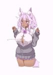  1girl animal_ear_fluff animal_ears aurora_(kanachirou) bow bowtie breasts button_gap cardigan cleavage dark-skinned_female dark_skin facial_mark fox_ears fox_girl fox_tail gyaru highres kanachirou kogal large_breasts long_hair miniskirt open_cardigan open_clothes open_mouth original pink_hair popped_button purple_eyes shirt simple_background skirt slit_pupils solo surprised tail twitter_username white_background white_shirt 