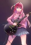  1girl bangs blue_eyes bocchi_the_rock! breasts commentary_request cube_hair_ornament dated ech electric_guitar from_below gotou_hitori grey_skirt guitar hair_between_eyes hair_ornament highres holding holding_instrument instrument jacket long_hair long_sleeves looking_at_viewer looking_down medium_breasts one_side_up parted_lips pink_hair pink_jacket pleated_skirt plectrum skirt solo standing sweat track_jacket very_long_hair 