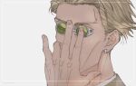  1boy adjusting_goggles blonde_hair earrings goggles jewelry jujutsu_kaisen looking_at_viewer male_focus mineco000 nanami_kento portrait short_hair solo white_background 