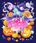  1girl absurdres ankle_bow bangs blue_eyes blue_hair bow candy cape dress food gemini_(kokoma) ghost halloween hat heart heart_necklace highres jack-o&#039;-lantern jewelry layered_dress lollipop long_hair necklace open_mouth original pink_dress pink_footwear purple_cape purple_nails solo swept_bangs witch witch_hat 