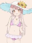  1girl bangs bare_arms bare_shoulders bikini braid brown_background brown_eyes brown_hair collarbone commentary_request flower frilled_bikini frills genderswap genderswap_(mtf) hat hat_flower highres long_hair looking_at_viewer navel onii-chan_wa_oshimai! oyama_mahiro parted_lips pink_bikini red_flower seramikku simple_background single_braid smile solo straw_hat swimsuit very_long_hair white_headwear yellow_flower 