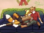  5_toes anthro barefoot canid canine christmas clothing cuddling duo feet fox furniture hi_res holidays jaxneesen lights male male/male mammal mustelid musteline pawpads sofa soles toes true_musteline weasel 