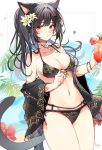  1girl ambiguous_red_liquid animal_ears avatar_(ff14) bangs beach bikini bikini_pull black_bikini black_hair black_jacket breasts cat_ears cat_girl cat_tail cleavage clothes_pull collarbone cup drink facial_mark final_fantasy final_fantasy_xiv flower hair_flower hair_ornament hatching_(texture) heart highres jacket jewelry large_breasts light_blush long_hair looking_at_viewer miqo&#039;te mokokoiro navel necklace ocean open_clothes open_jacket ponytail red_flower sidelocks swimsuit tail tree upper_body water white_flower yellow_eyes 