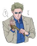  1boy animal_print blonde_hair blue_shirt collared_shirt formal goggles grey_suit jujutsu_kaisen leopard_print long_sleeves male_focus mineco000 nanami_kento necktie parted_lips shirt short_hair solo suit upper_body yellow_necktie 