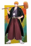  1boy absurdres asure_(asure_twi) bleach collarbone full_body hakama haori highres holding japanese_clothes kine kurosaki_ichigo long_sleeves looking_at_viewer male_focus mallet orange_hair red_hakama short_hair socks solo spiked_hair standing tabi white_socks zouri 