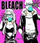  1boy 1girl belt bleach boo_br breasts bubble_blowing chewing_gum cleavage collarbone copyright_name cowboy_shot fur-trimmed_hood fur_trim gloves highres hood hoodie inoue_orihime jacket jewelry kurosaki_ichigo long_hair necklace pants pink_background shirt short_hair standing sunglasses 