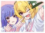  2girls absurdres aracari bangs black_hairband blonde_hair blue_hair bow fang furude_rika hairband highres higurashi_no_naku_koro_ni houjou_satoko long_hair multiple_girls pink_bow pink_eyes purple_eyes school_uniform selfie shirt short_hair skin_fang st._lucia_academy_school_uniform taking_picture white_shirt 