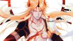  1boy bleach brown_eyes collarbone facial_mark horns kurosaki_ichigo long_hair male_focus orange_hair parted_lips solo topless_male twitter_username upper_body wdberry0715 