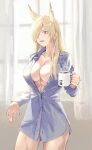  1girl abs absurdres animal_ears blonde_hair blue_archive blue_eyes breasts cleavage cowboy_shot cup curtains extra_ears hair_over_one_eye highres holding holding_cup indoors kanna_(blue_archive) large_breasts long_hair long_sleeves naked_shirt nayuta_ggg open_mouth partially_unbuttoned purple_shirt sharp_teeth shirt solo steam teeth toned window 