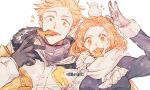  1boy 1girl bird black_coat black_gloves bleach coat duck food fur_trim gloves grey_gloves inoue_orihime kurosaki_ichigo long_hair long_sleeves looking_at_viewer mouth_hold scarf short_hair spiked_hair taiyaki upper_body wagashi wdberry0715 white_scarf 