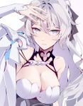  1girl aer007580 aged_up arm_up bangs black_ribbon breasts bronya_zaychik bronya_zaychik_(silverwing:_n-ex) cleavage closed_mouth commentary english_commentary grey_eyes grey_hair hair_between_eyes hair_ribbon highres honkai_(series) honkai_impact_3rd large_breasts long_hair looking_at_viewer ribbon shadow simple_background solo upper_body white_background 