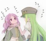  2girls 86thunder :&lt; absurdres alina_gray bangs black_cape black_shirt cape closed_mouth crop_top green_hair hand_on_another&#039;s_chin hat highres long_hair magia_record:_mahou_shoujo_madoka_magica_gaiden magical_girl mahou_shoujo_madoka_magica medium_hair misono_karin multiple_girls parted_bangs purple_hair shirt simple_background straight_hair two_side_up white_background 