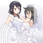  2girls bags_under_eyes bangs bare_shoulders black_hair blush bow bride carrying closed_mouth commentary_request commission couple dress dress_bow earrings elbow_gloves eye_contact flower frilled_dress frills gloves green_eyes hair_between_eyes hair_flower hair_ornament hand_on_another&#039;s_shoulder happy jewelry kuroki_tomoko leaf_print long_hair looking_at_another low_twintails multiple_girls nail_polish necklace okiru open_mouth orange_nails princess_carry print_dress purple_eyes simple_background skeb_commission smile standing strapless strapless_dress tamura_yuri tiara twintails veil watashi_ga_motenai_no_wa_dou_kangaetemo_omaera_ga_warui! wedding_dress white_background white_bow white_dress white_flower white_gloves wife_and_wife yuri 