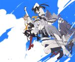  4girls akizuki_(kancolle) anchor_symbol arm_up black_hair black_headband black_skirt braid brown_hair clothes_writing gloves grey_eyes grey_hair hachimaki hair_between_eyes hair_flaps hair_ornament hatsuzuki_(kancolle) headband kantai_collection long_hair machinery multicolored_clothes multicolored_gloves multiple_girls neckerchief one_side_up orange_neckerchief pleated_skirt ponytail propeller_hair_ornament qinnye rigging rudder_footwear school_uniform serafuku short_hair short_sleeves sketch skirt suzutsuki_(kancolle) teruzuki_(kancolle) twin_braids white_headband 