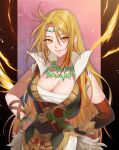  1girl absurdres bare_shoulders black_gloves blonde_hair breasts circlet cleavage commentary_request commission earrings fire_emblem fire_emblem:_genealogy_of_the_holy_war gloves hands_on_hips highres hoop_earrings jewelry kuzunue large_breasts long_hair looking_at_viewer necklace orange_eyes single_glove sleeveless smile solo ullr_(fire_emblem) upper_body very_long_hair 