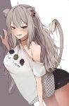  1girl absurdres animal_ears bangs black_shorts blush breasts collarbone ear_piercing eye_contact frayed_clothes grey_eyes grey_hair hair_between_eyes highres hololive large_breasts leaning_forward lion_ears lion_girl lion_tail long_hair looking_at_another looking_at_viewer messy_hair off_shoulder open_mouth piercing shirt shirt_overhang shishiro_botan short_shorts short_sleeves shorts simple_background single_bare_shoulder smile solo t-shirt tail teeth tomboy very_long_hair white_background white_shirt yukirei 
