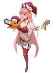  1girl bell bijian_de_linghun bra chainsaw chainsaw_man food fruit fur-trimmed_thighhighs garter_straps hair_between_eyes hat highres holding holding_wand horns long_hair looking_at_viewer neck_bell open_mouth orange_eyes parted_lips pink_hair pochita_(chainsaw_man) power_(chainsaw_man) red_bra red_horns red_thighhighs ringed_eyes santa_hat sharp_teeth simple_background smile strawberry teeth thighhighs underwear very_long_hair wand white_background 