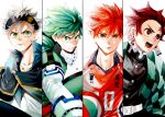  4boys absurdres aikome_(haikome) artist_name asta_(black_clover) ball bangs black_bull_(emblem) black_capelet black_clover black_headband boku_no_hero_academia brown_eyes brown_hair capelet checkered_haori demon_slayer_uniform green_eyes green_hair grey_hair haikyuu!! hair_between_eyes headband highres hinata_shouyou holding holding_ball kamado_tanjirou karasuno_volleyball_uniform kimetsu_no_yaiba looking_at_viewer looking_away male_focus mask midoriya_izuku mouth_mask multiple_boys open_mouth orange_eyes orange_hair ruttika_shin short_hair spiked_hair sportswear upper_body volleyball volleyball_uniform white_background 