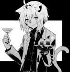  1boy :3 ahoge animal_ear_fluff animal_ears bangs cat_ears cat_o-ring cat_tail choker coat collared_jacket commentary cross cross_necklace food genderswap genderswap_(ftm) gloves highres hololive jewelry long_sleeves looking_at_viewer male_focus necklace nekomata_okayu o-ring o-ring_choker onigiri plate ponono sidelocks simple_background single_glove solo sparkle tail upper_body virtual_youtuber 