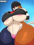  anthro areola beanie big_breasts black_pupils breasts calico_cat clothing domestic_cat english_text epic_games felid feline felis female fortnite half-closed_eyes hat headgear headwear hi_res huge_breasts huge_thighs looking_at_viewer mammal meow_skulls_(fortnite) multicolored_body narrowed_eyes navel navel_piercing omegabrawl piercing pink_areola pupils shirt smile solo text thick_thighs thong topwear under_boob underwear yellow_eyes 