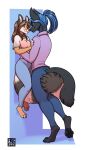  absurd_res ace_(ayukawataur) anthro black_body black_fur black_pawpads blue_hair bottomwear brown_hair cacomistle canid canine canis carrying_another carrying_partner choker clothing denim denim_clothing duo female freckles_(artist) fur grey_body grey_fur hair half-closed_eyes hi_res jackal jeans jewelry kristania mammal markings narrowed_eyes necklace pants pawpads paws pink_body pink_fur procyonid ring_(marking) ringtail romantic simple_background size_difference smile smirk smug smug_face tail tail_markings tan_body tan_fur white_body white_fur 