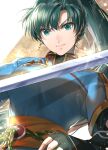  1girl bangs blue_eyes blue_shirt breasts closed_mouth delsaber earrings fingerless_gloves fire_emblem fire_emblem:_the_blazing_blade glint gloves gold_earrings green_hair high_collar high_ponytail highres jewelry large_breasts long_hair lyn_(fire_emblem) ponytail rope_belt sash serious shirt short_sleeves solo sword undershirt upper_body weapon 