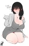  1girl babo bangs beckoning blush breasts cleavage closed_eyes come_hither covered_nipples jewelry large_breasts long_hair long_sleeves mature_female necklace original outstretched_hand panties pantyshot skirt smile solo sweat thick_thighs thighs underwear upskirt 