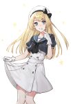  1girl blonde_hair blue_eyes blue_sailor_collar dress feet_out_of_frame gloves hat jervis_(kancolle) kangetsu_(fhalei) kantai_collection long_hair looking_at_viewer open_mouth puffy_short_sleeves puffy_sleeves sailor_collar sailor_dress sailor_hat short_sleeves simple_background smile solo star_(symbol) white_background white_dress white_gloves white_headwear 