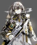  1girl absurdres arknights bangs brown_hair buckle buttons condensation earrings gloves grey_background highres jewelry long_sleeves looking_at_viewer magallan_(arknights) medium_hair multicolored_hair remsrar respirator simple_background solo strap streaked_hair triangle_mouth upper_body white_gloves white_hair wide-eyed yellow_eyes 