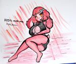  anthro big_breasts breasts female fur furry hair hi_res lagomorph leporid mammal orange_eyes pink_body pink_fur rabbit ribbons sheebibites small_tail solo tail thick_thighs traditional_media_(artwork) yellow_eyes 