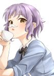  1girl :o absurdres b1ack_illust blue_shirt blush cup fake_beard fake_facial_hair highres holding holding_cup idolmaster idolmaster_million_live! looking_at_viewer makabe_mizuki neck_ribbon purple_hair ribbon shirt simple_background solo teacup upper_body white_background 