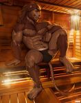  absurd_res anthro big_pecs bodily_fluids brown_hair bulge clothed clothing erection eye_patch eyewear fangs feet felid feline final_fantasy final_fantasy_xiv genitals hair hi_res hrothgar humanoid_genitalia humanoid_penis inside male mammal muscular muscular_anthro muscular_male open_mouth pecs penis poking_out raythefox sauna solo square_enix sweat teeth underwear underwear_only 