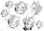  1boy :3 :d ? absurdres animal_ear_fluff animal_ears blush clenched_teeth closed_mouth dog_boy dog_ears embarrassed expressions fang flower full-face_blush genshin_impact gorou_(genshin_impact) hair_ribbon highres homare_(g_hmr88) jitome multicolored_hair multiple_views notice_lines open_mouth paw_print portrait ribbon scowl sidelocks smile streaked_hair teeth wide-eyed 