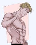  1boy abs black_pants blonde_hair blue_eyes expressionless jujutsu_kaisen looking_at_viewer male_focus mineco000 muscular muscular_male nanami_kento nipples pants pectorals short_hair solo standing topless_male upper_body 