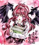 :o antenna_hair bat_wings black_skirt black_vest black_wings blush book book_hug book_stack chestnut_mouth collared_shirt commentary_request cropped_torso dot_nose dress_shirt hair_between_eyes head_wings highres holding holding_book kabaji koakuma long_hair long_sleeves looking_at_viewer necktie object_hug red_eyes red_hair red_necktie shikishi shirt sidelocks simple_background skirt skirt_set touhou traditional_media translation_request vest white_shirt wings 