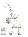  2023 anthro baron_engel beastars belt clothing dress eyebrows female footwear graphite_(artwork) haru_(beastars) hi_res holding_object holding_watering_can lagomorph leporid long_ears mammal monochrome open_mouth pencil_(artwork) plant plant_pot potted_plant rabbit shoes simple_background solo traditional_media_(artwork) watering watering_can white_background 