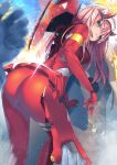  1girl absurdres armlet ass ass_focus bangs bodysuit darling_in_the_franxx from_behind green_eyes hairband highres horns long_hair looking_at_viewer looking_back oni_horns open_mouth pilot_suit pink_hair red_bodysuit red_horns skin_tight slumcat smile solo zero_two_(darling_in_the_franxx) 