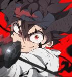  1boy asta_(black_clover) bangs black_clover black_hair black_headband black_horns closed_mouth danlc2001 demon_horns facial_mark hair_between_eyes headband holding holding_sword holding_weapon horns japanese_clothes katana kimono male_focus red_background red_eyes smile solo spiked_hair sword weapon white_kimono 