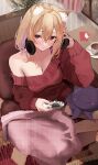  1girl absurdres ahoge animal_ear_fluff animal_ears bangs bare_shoulders blonde_hair blush breasts cat_ears cleavage closed_mouth coffee_mug collarbone commentary_request commission controller couch cup game_controller hair_between_eyes hand_up hands_on_headphones highres holding holding_controller holding_game_controller indoors large_breasts long_bangs long_sleeves looking_at_viewer looking_up medium_hair mug octopus off-shoulder_sweater off_shoulder on_couch oreazu red_eyes red_sweater shyrei_faolan sitting skeb_commission solo sweater table vyugen 
