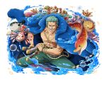  1boy blue_coat coat earrings fish green_hair green_pants jellyfish jewelry looking_at_viewer multiple_weapons official_art one_piece one_piece_treasure_cruise open_clothes open_coat open_mouth pants puffer_fish roronoa_zoro scar scar_across_eye scar_on_chest scar_on_face short_hair teeth turtle 