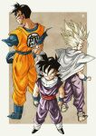  3boys amputee black_eyes black_hair blonde_hair boots cape clenched_hands commentary_request dougi dragon_ball dragon_ball_z green_eyes highres kakeru_(dbskakeru) male_focus missing_limb multiple_boys multiple_persona muscular muscular_male scar scar_across_eye shoulder_pads signature son_gohan son_gohan_(future) super_saiyan super_saiyan_2 white_cape wristband 