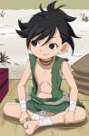  1girl armpits bandages black_eyes black_hair choker closed_mouth dororo_(character) dororo_(tezuka) full_body haruyama_kazunori japanese_clothes ponytail short_hair sitting smile solo 