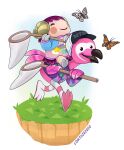  2020 animal_crossing anthro arthropod artist_name avian bird bovid butterfly caprine clothing digital_drawing_(artwork) digital_media_(artwork) duo female flamingo flora_(animal_crossing) hat headgear headwear holding_net insect lepidopteran loihtuja mammal net nintendo pink_body purple_body riding_on_back sheep stella_(animal_crossing) sweater topwear 